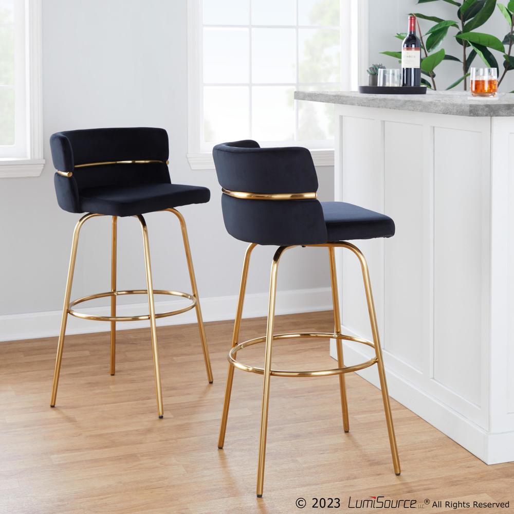 Gold Metal, Black Velvet Cinch Claire 30" Fixed-Height Barstool - Set of 2. Picture 8