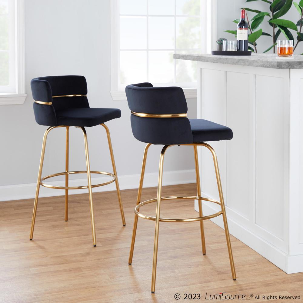 Gold Metal, Black Velvet Cinch Claire 30" Fixed-Height Barstool - Set of 2. Picture 7