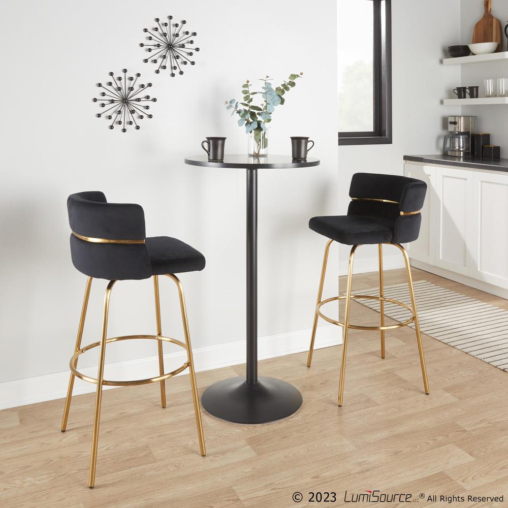Gold Metal, Black Velvet Cinch Claire 30" Fixed-Height Barstool - Set of 2. Picture 10