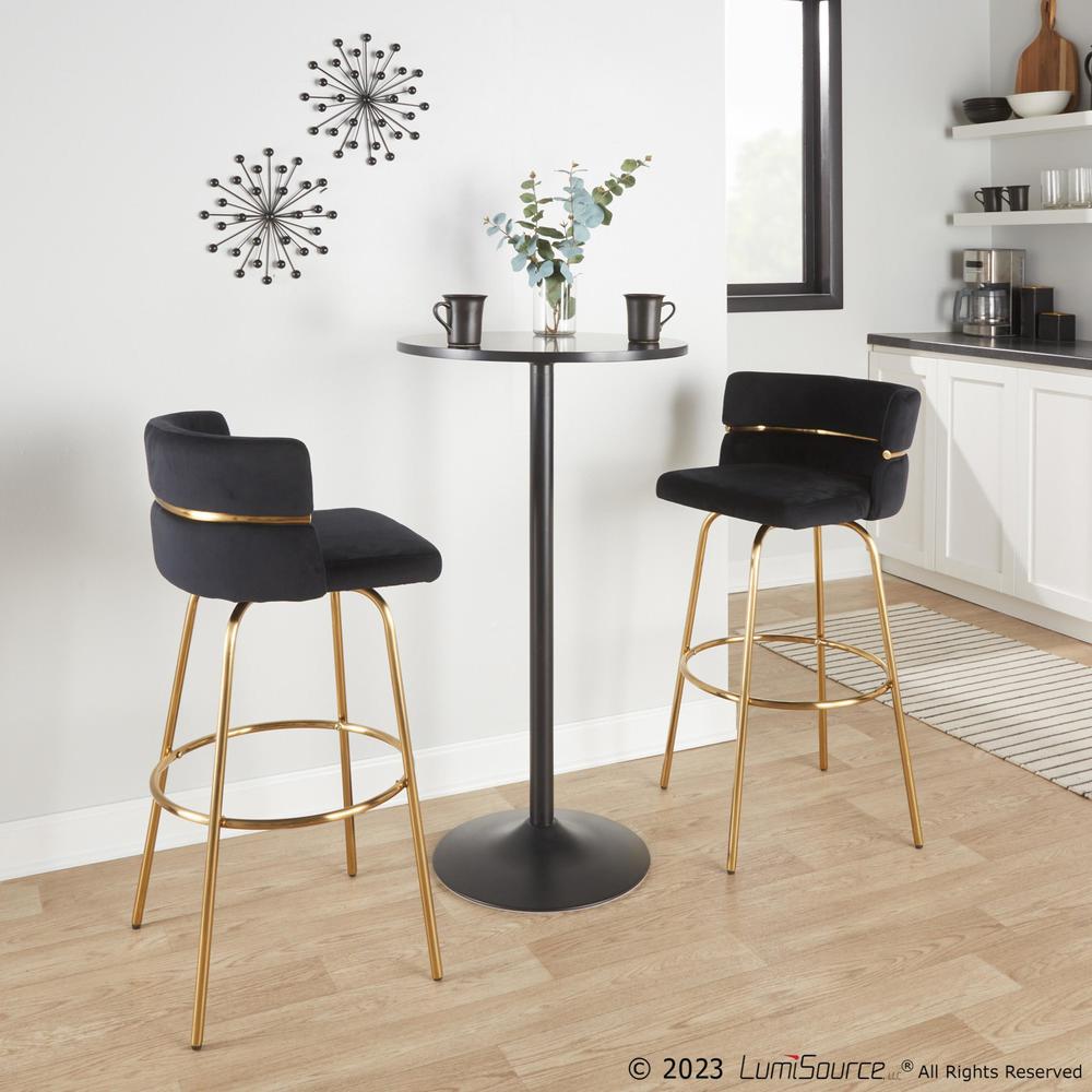 Gold Metal, Black Velvet Cinch Claire 30" Fixed-Height Barstool - Set of 2. Picture 9