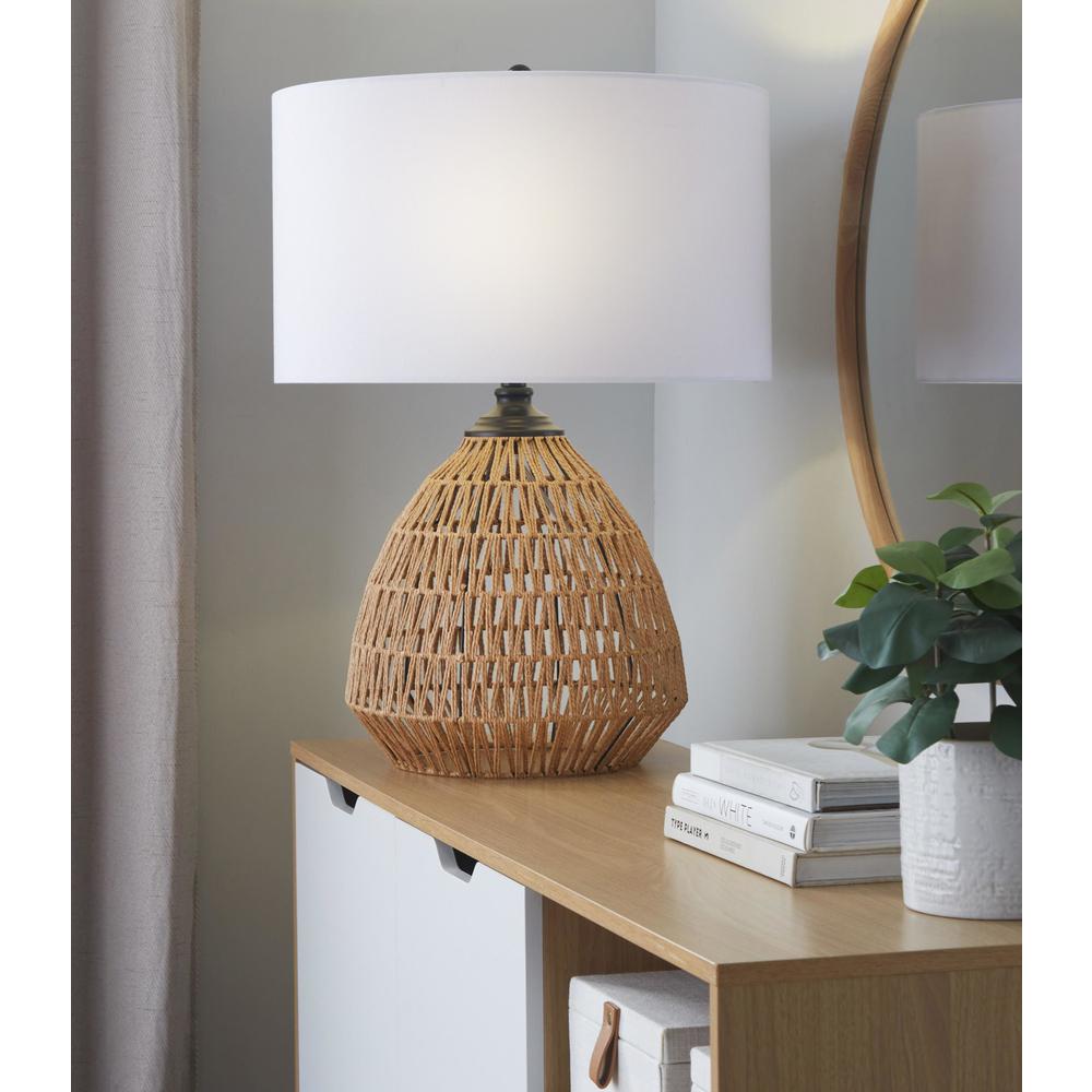 Natural Rope Rattan, Matte Black Metal, White Linen Congo 29" Rattan Table Lamp. Picture 4
