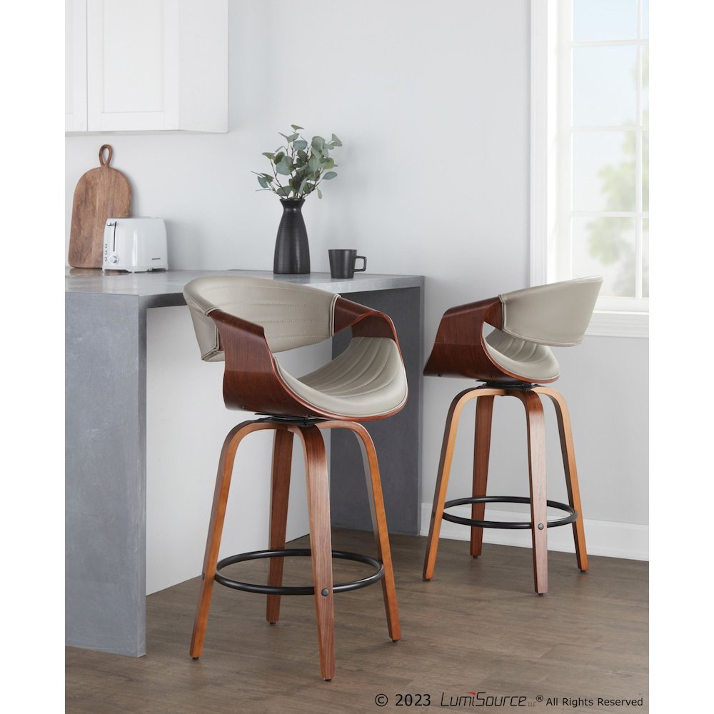 Walnut Wood, Grey PU, Black Metal Symphony Counter Stool - Set of 2. Picture 9