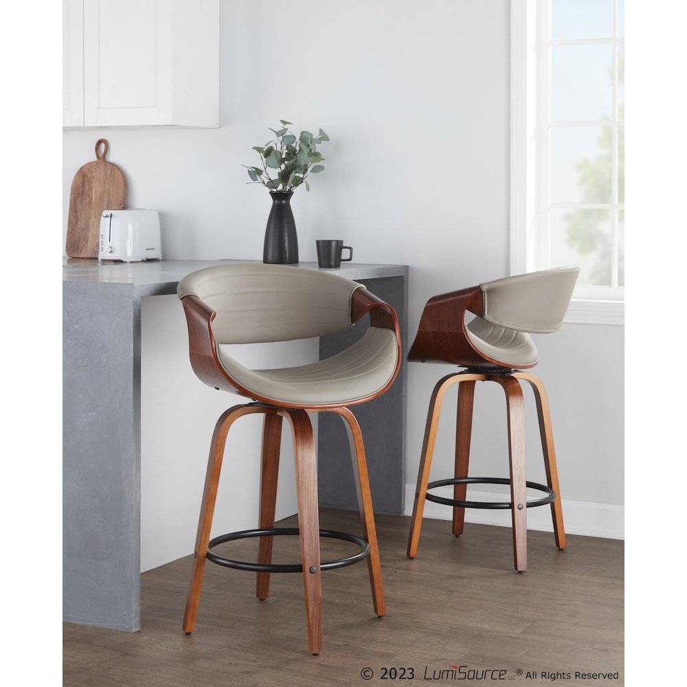 Walnut Wood, Grey PU, Black Metal Symphony Counter Stool - Set of 2. Picture 7