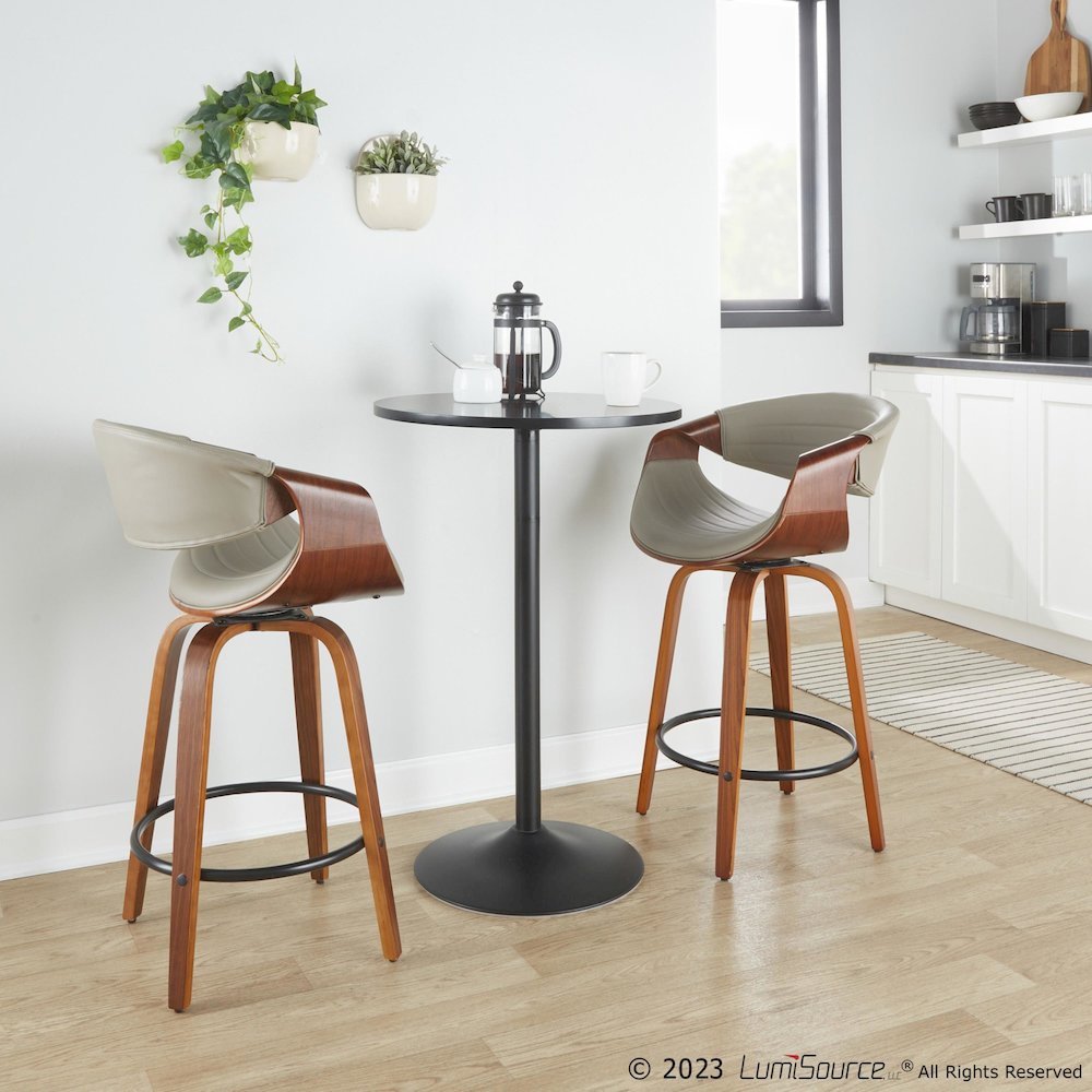 Walnut Wood, Grey PU, Black Metal Symphony Counter Stool - Set of 2. Picture 10