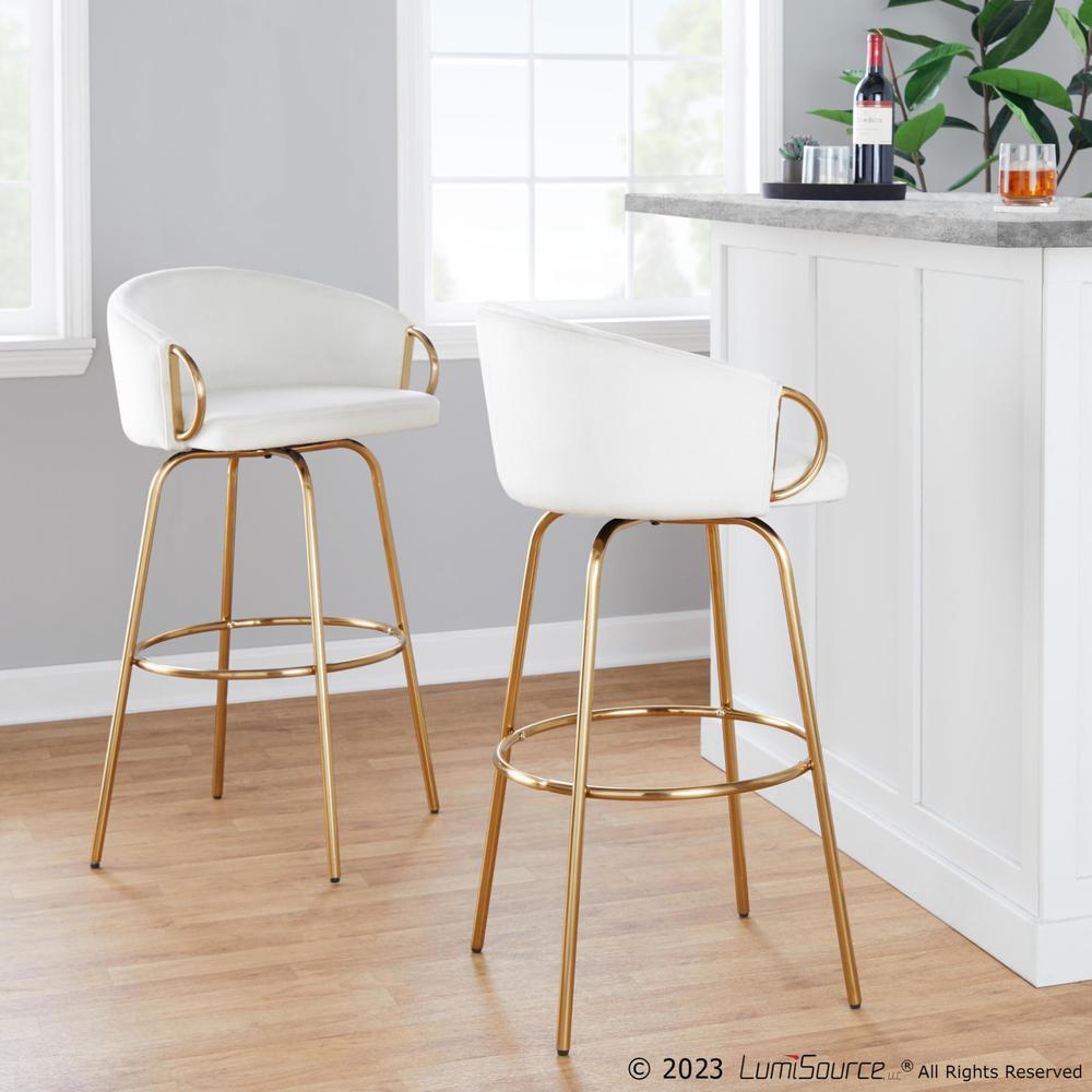 Gold Metal, Cream Velvet Claire 30" Fixed-Height Barstool - Set of 2. Picture 9