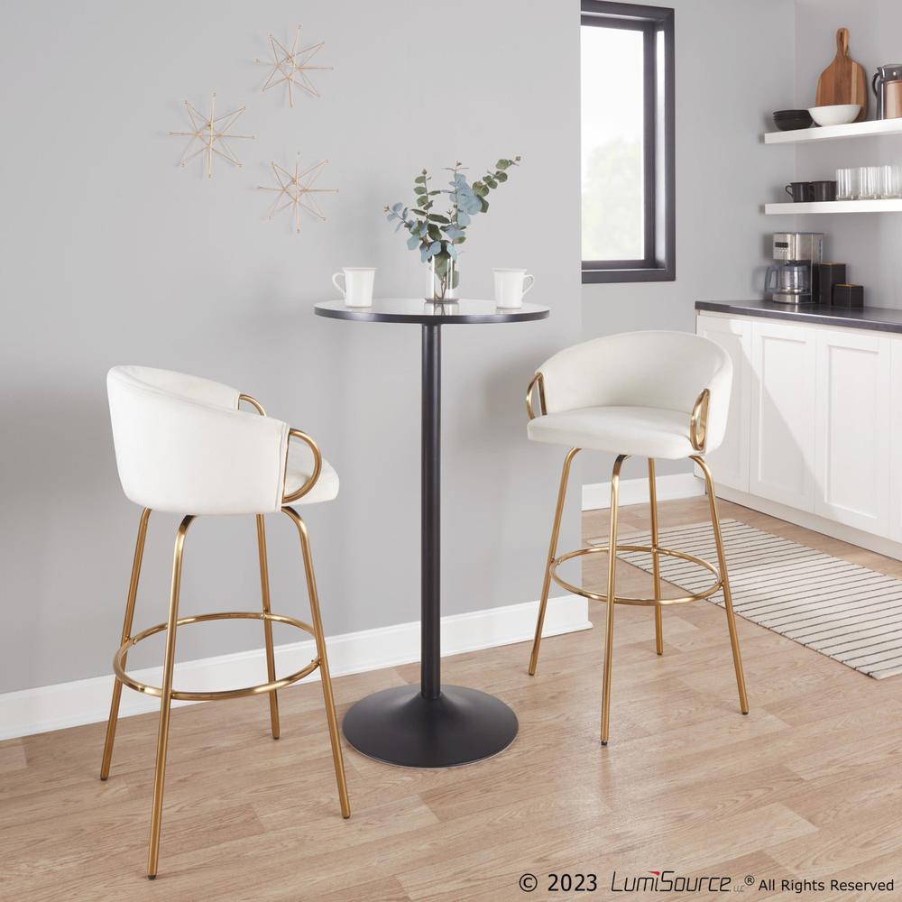 Gold Metal, Cream Velvet Claire 30" Fixed-Height Barstool - Set of 2. Picture 7
