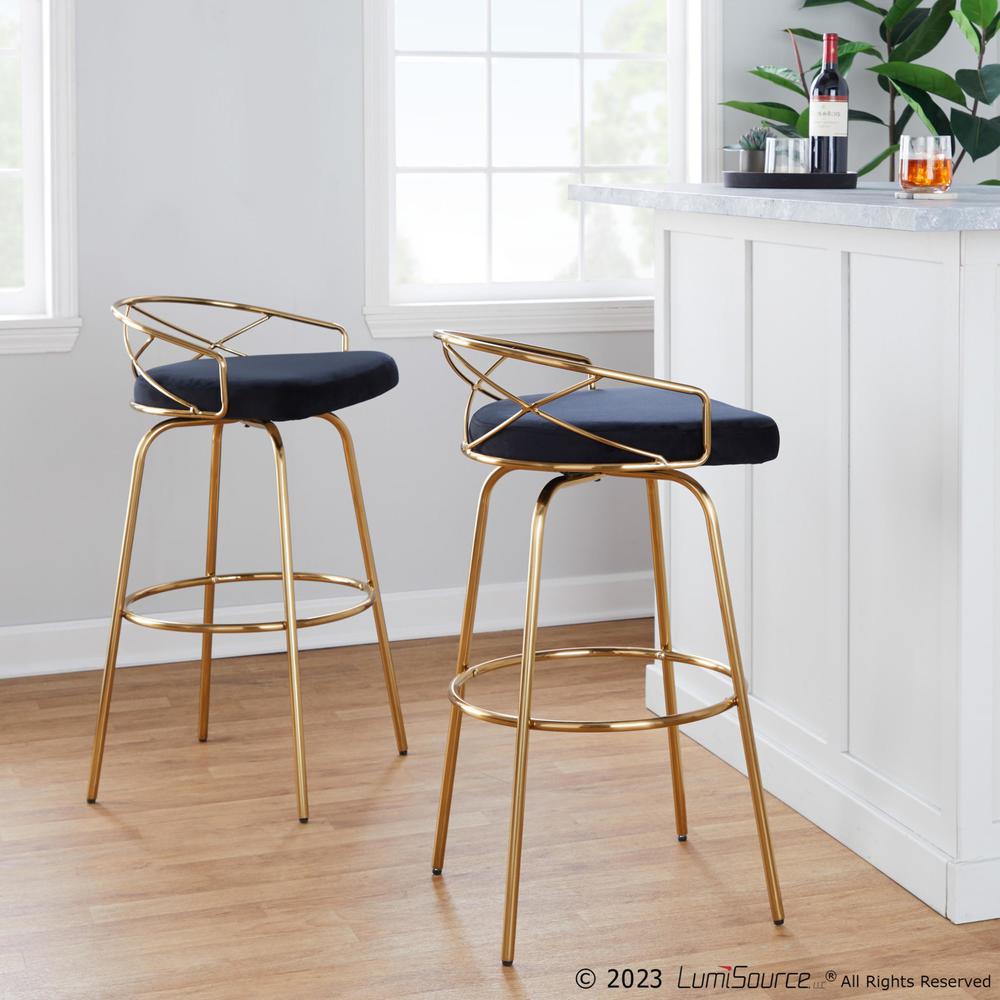 Gold Metal, Black Velvet Charlotte Glam 30" Fixed-Height Barstool - Set of 2. Picture 7