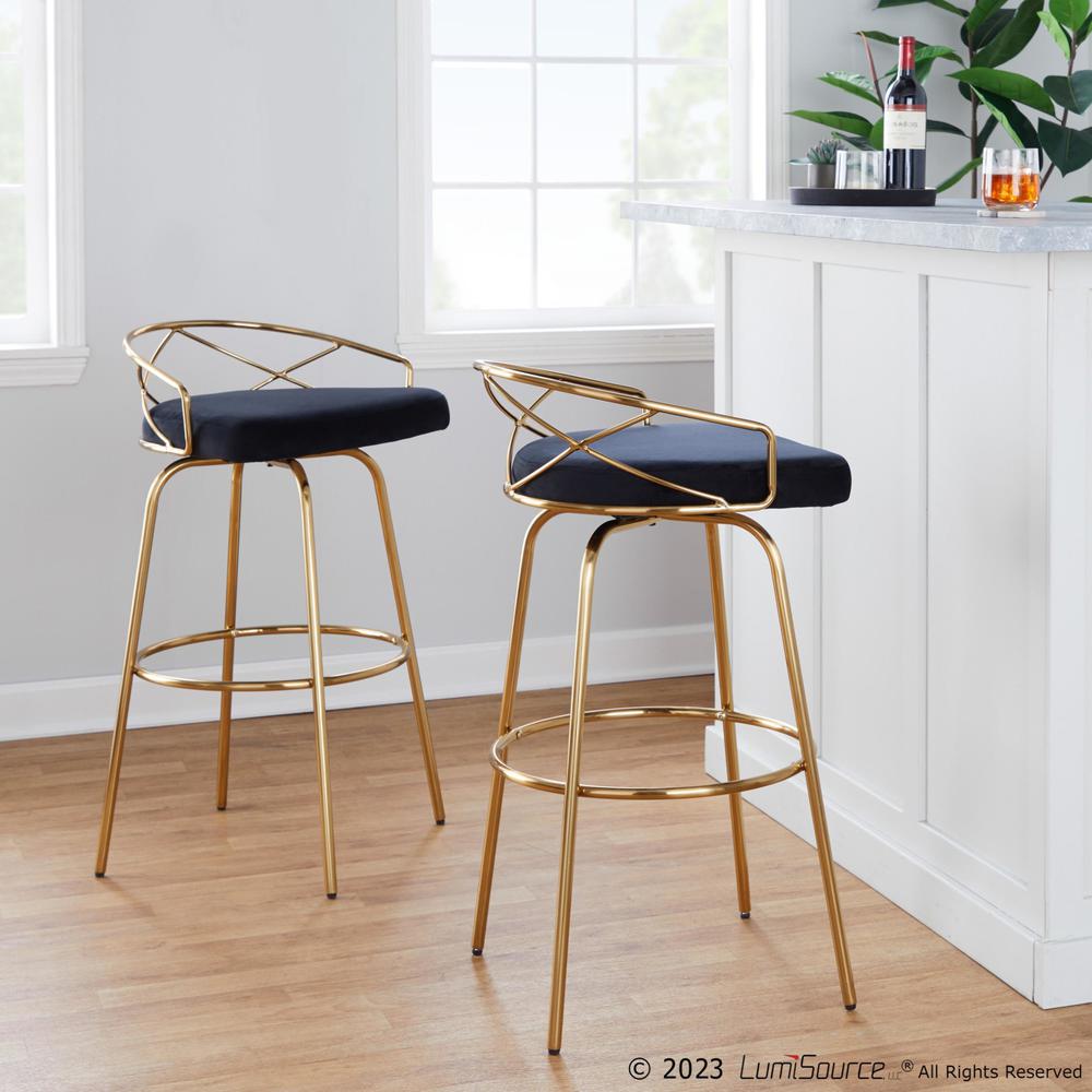 Gold Metal, Black Velvet Charlotte Glam 30" Fixed-Height Barstool - Set of 2. Picture 8