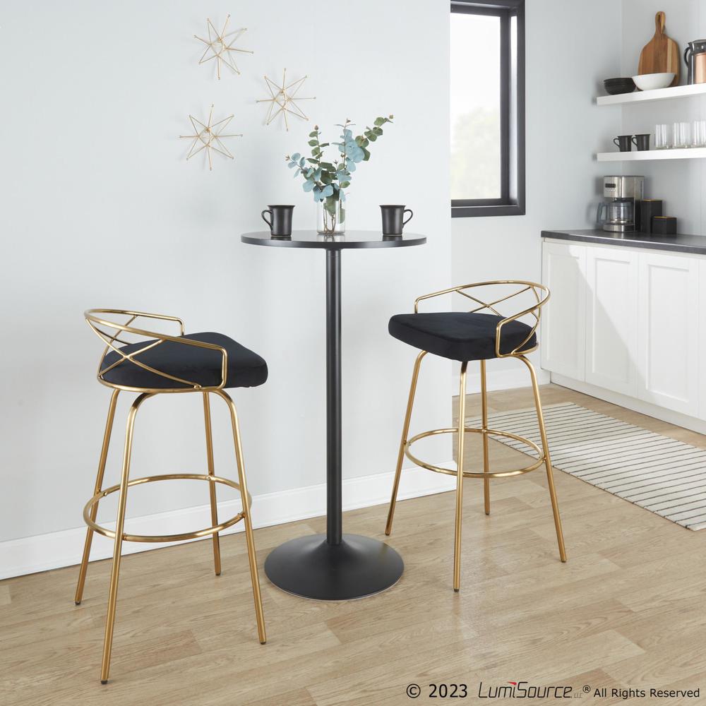 Gold Metal, Black Velvet Charlotte Glam 30" Fixed-Height Barstool - Set of 2. Picture 9