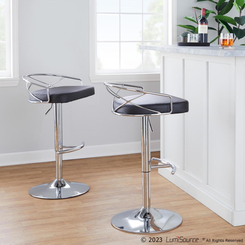 Chrome Metal, Black PU Charlotte Glam Adjustable Barstool - Set of 2. Picture 7