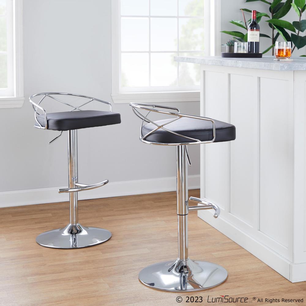 Chrome Metal, Black PU Charlotte Glam Adjustable Barstool - Set of 2. Picture 8