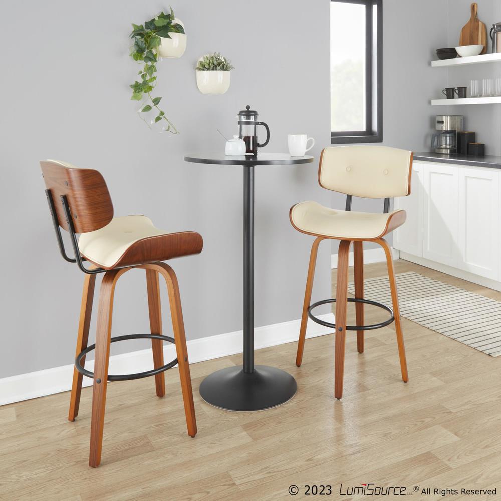 Walnut Wood, Black Metal, Cream PU Lombardi 30" Fixed-Height Barstool - Set of 2. Picture 7