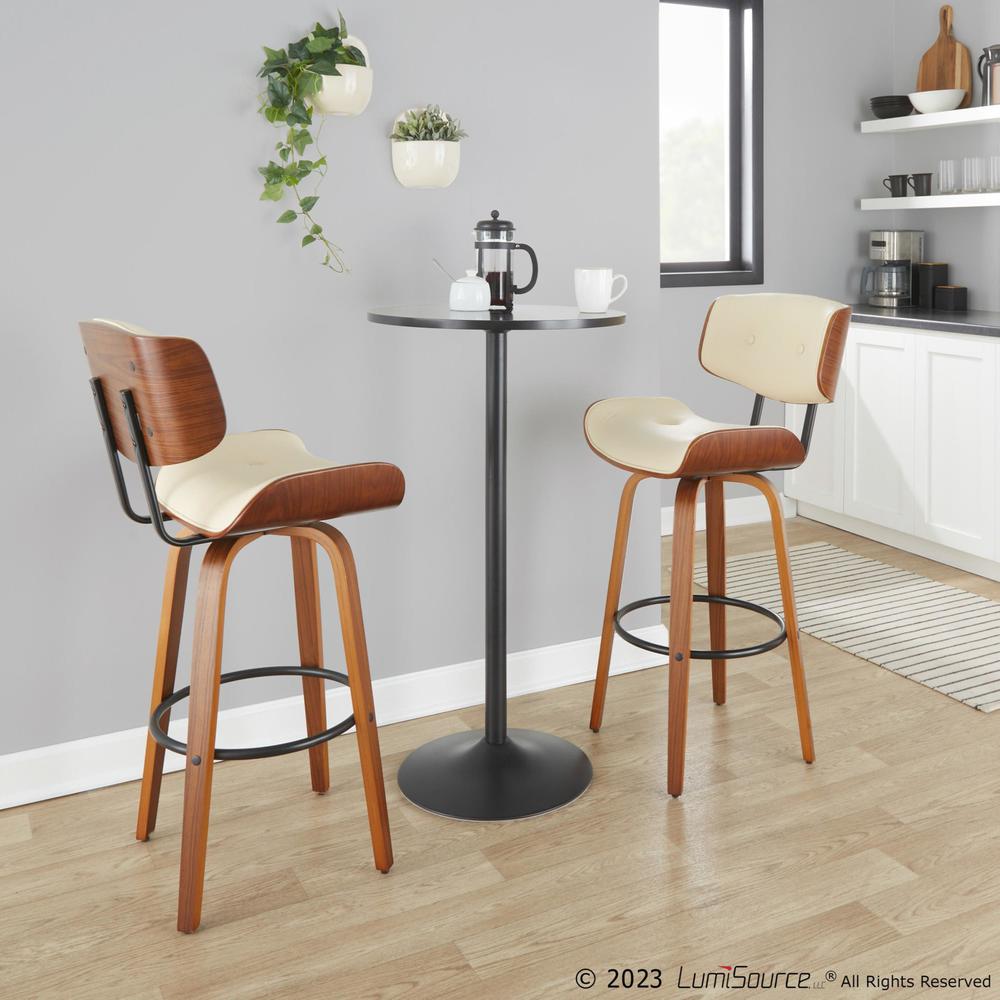Walnut Wood, Black Metal, Cream PU Lombardi 30" Fixed-Height Barstool - Set of 2. Picture 8