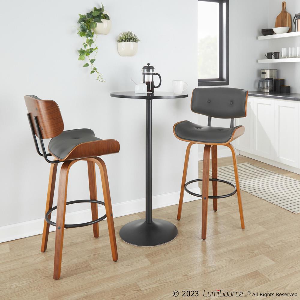 Walnut Wood, Black Metal, Grey PU Lombardi 30" Fixed-Height Barstool - Set of 2. Picture 7