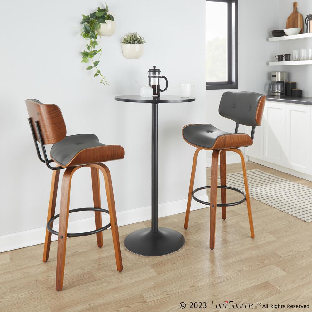 Walnut Wood, Black Metal, Grey PU Lombardi 30" Fixed-Height Barstool - Set of 2. Picture 8