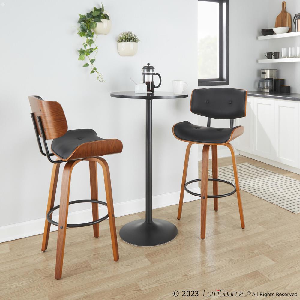 Walnut Wood, Black Metal, Black PU Lombardi 30" Fixed-Height Barstool - Set of 2. Picture 7