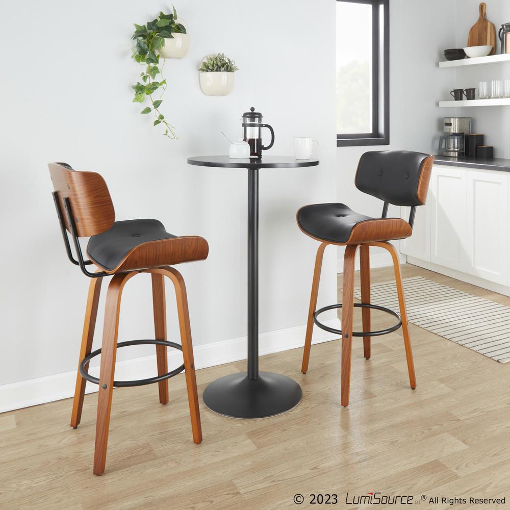 Walnut Wood, Black Metal, Black PU Lombardi 30" Fixed-Height Barstool - Set of 2. Picture 8