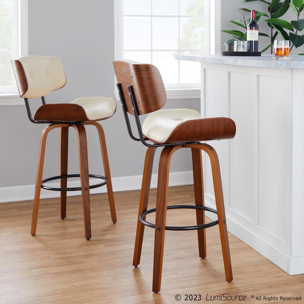 Walnut Wood, Black Metal, Cream PU Lombardi 30" Fixed-Height Barstool - Set of 2. Picture 9