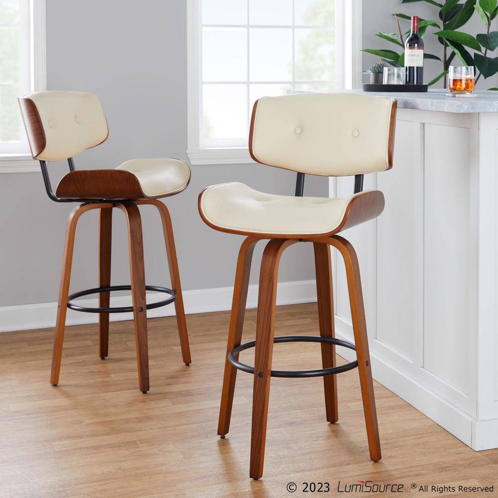 Walnut Wood, Black Metal, Cream PU Lombardi 30" Fixed-Height Barstool - Set of 2. Picture 10