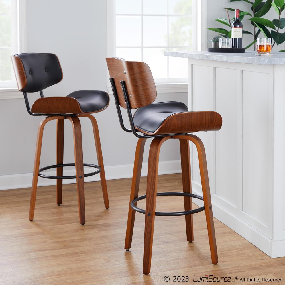 Walnut Wood, Black Metal, Black PU Lombardi 30" Fixed-Height Barstool - Set of 2. Picture 9
