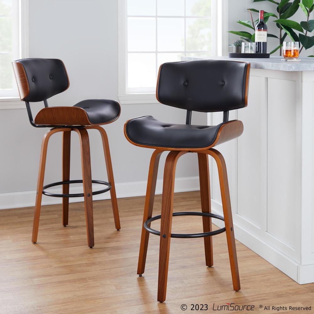 Walnut Wood, Black Metal, Black PU Lombardi 30" Fixed-Height Barstool - Set of 2. Picture 10