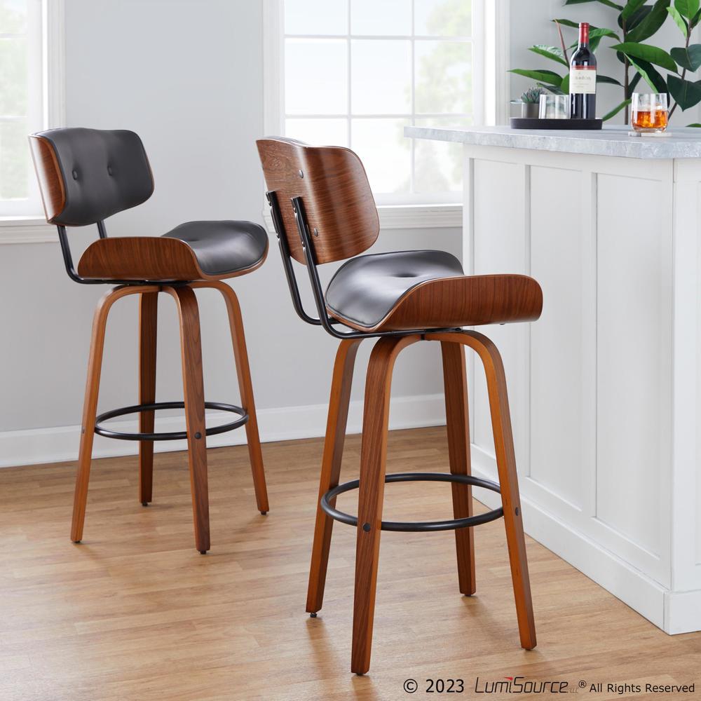Walnut Wood, Black Metal, Grey PU Lombardi 30" Fixed-Height Barstool - Set of 2. Picture 9