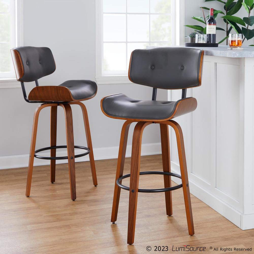 Walnut Wood, Black Metal, Grey PU Lombardi 30" Fixed-Height Barstool - Set of 2. Picture 10
