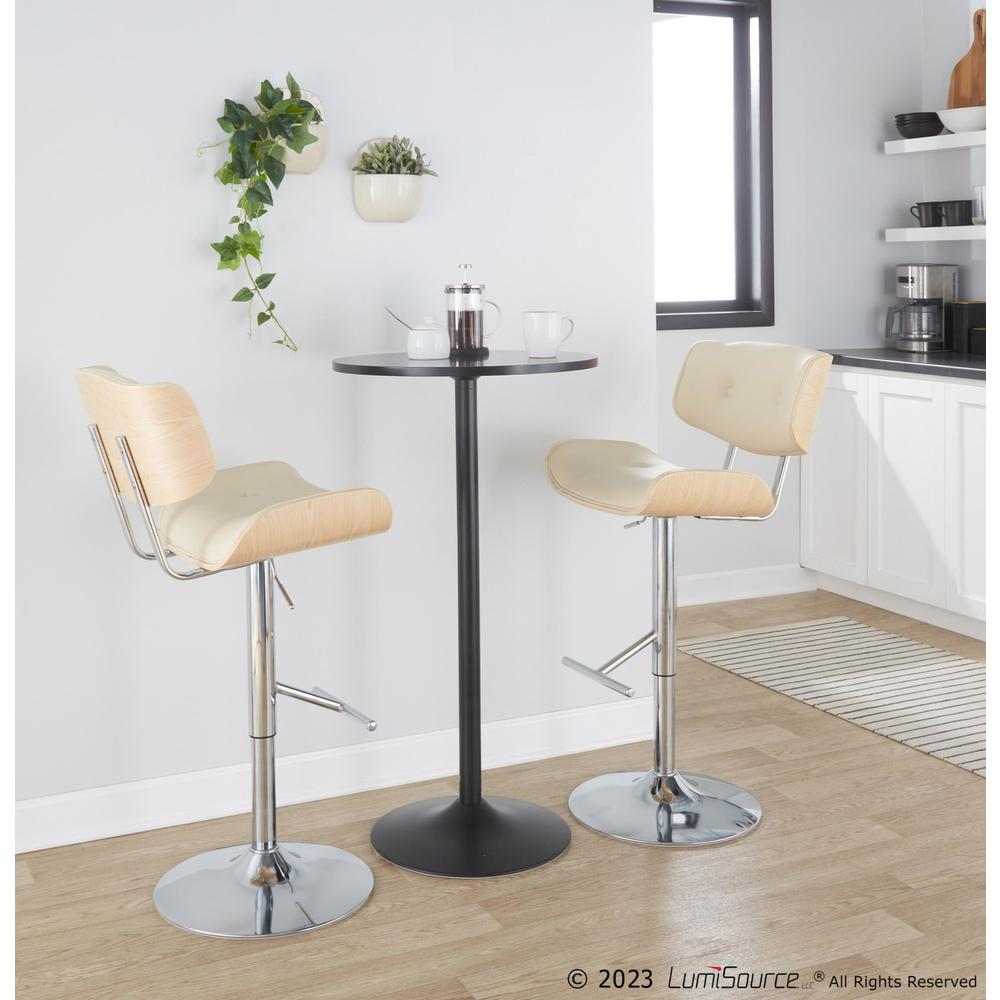 Chrome Metal, Natural Wood, Cream PU Lombardi Adjustable Barstool - Set of 2. Picture 7