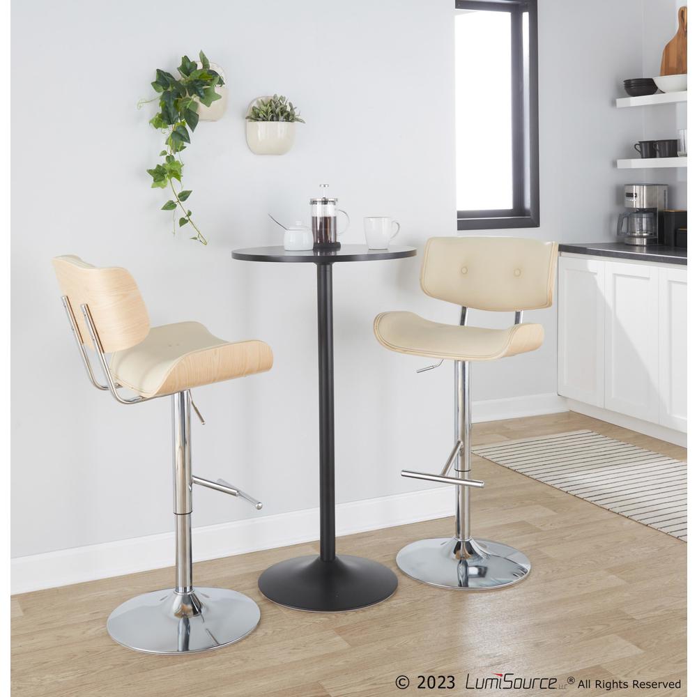 Chrome Metal, Natural Wood, Cream PU Lombardi Adjustable Barstool - Set of 2. Picture 8