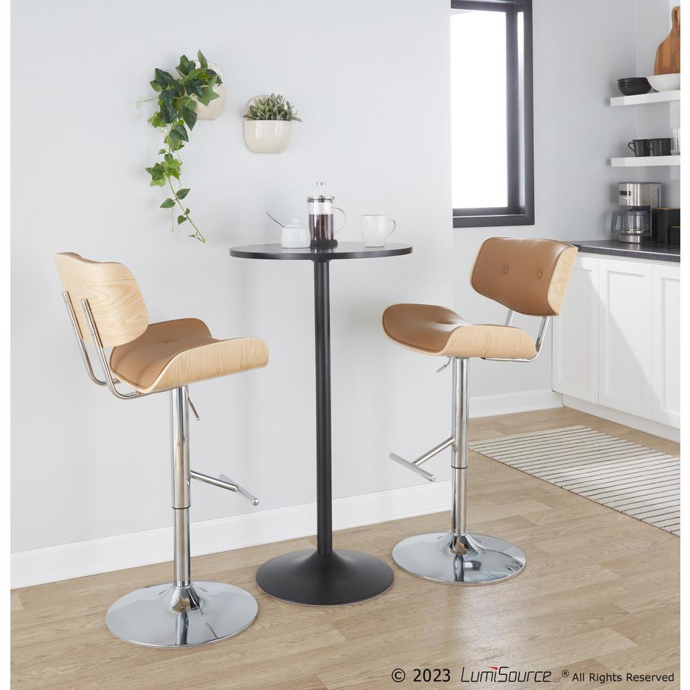 Chrome Metal, Natural Wood, Camel PU Lombardi Adjustable Barstool - Set of 2. Picture 7