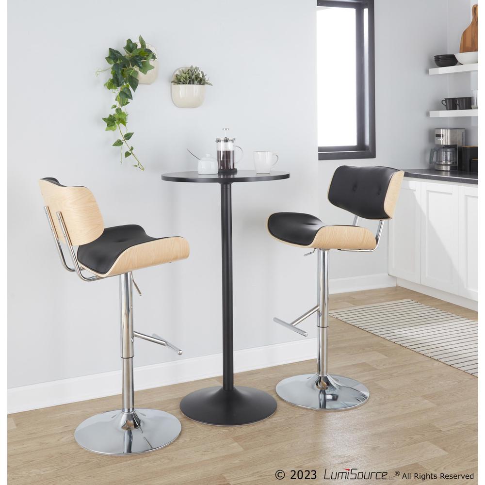 Chrome Metal, Natural Wood, Black PU Lombardi Adjustable Barstool - Set of 2. Picture 8
