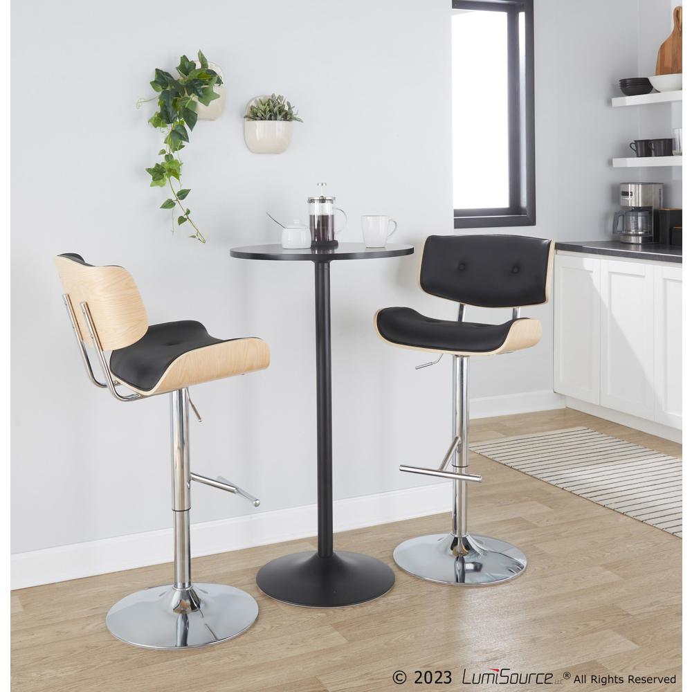 Chrome Metal, Natural Wood, Black PU Lombardi Adjustable Barstool - Set of 2. Picture 9