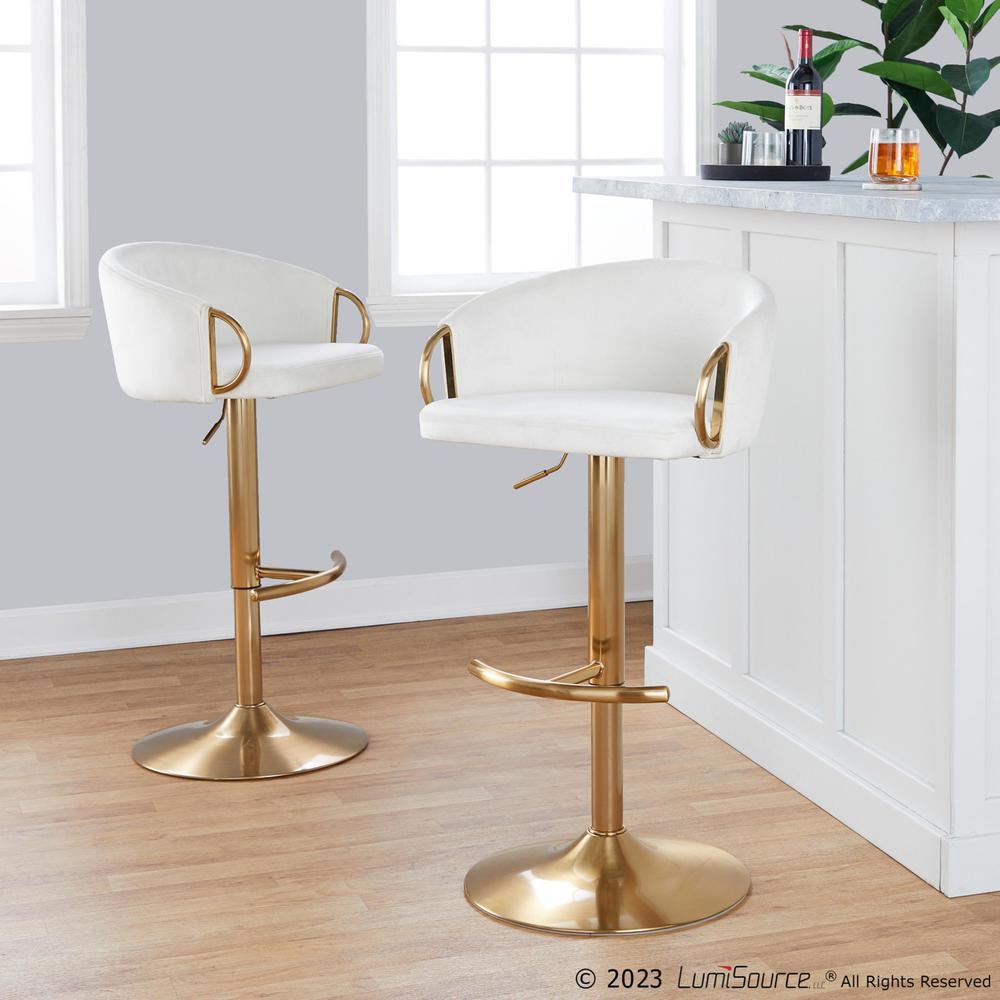 Gold Metal, Cream Velvet Claire Adjustable Barstool - Set of 2. Picture 8