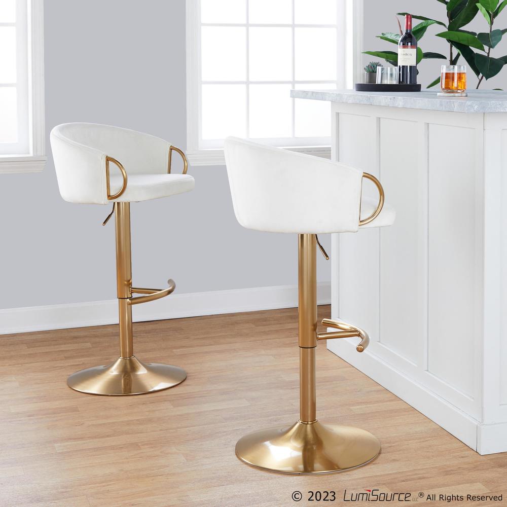 Gold Metal, Cream Velvet Claire Adjustable Barstool - Set of 2. Picture 7