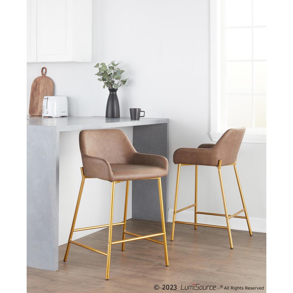 Gold Metal, Espresso PU Daniella 24" Fixed-Height Counter Stool - Set of 2. Picture 7
