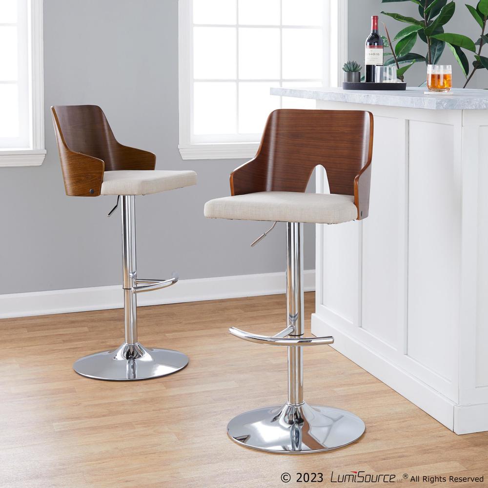 Chrome Metal, Walnut Wood, Beige Fabric Ariana Adjustable Barstool - Set of 2. Picture 7