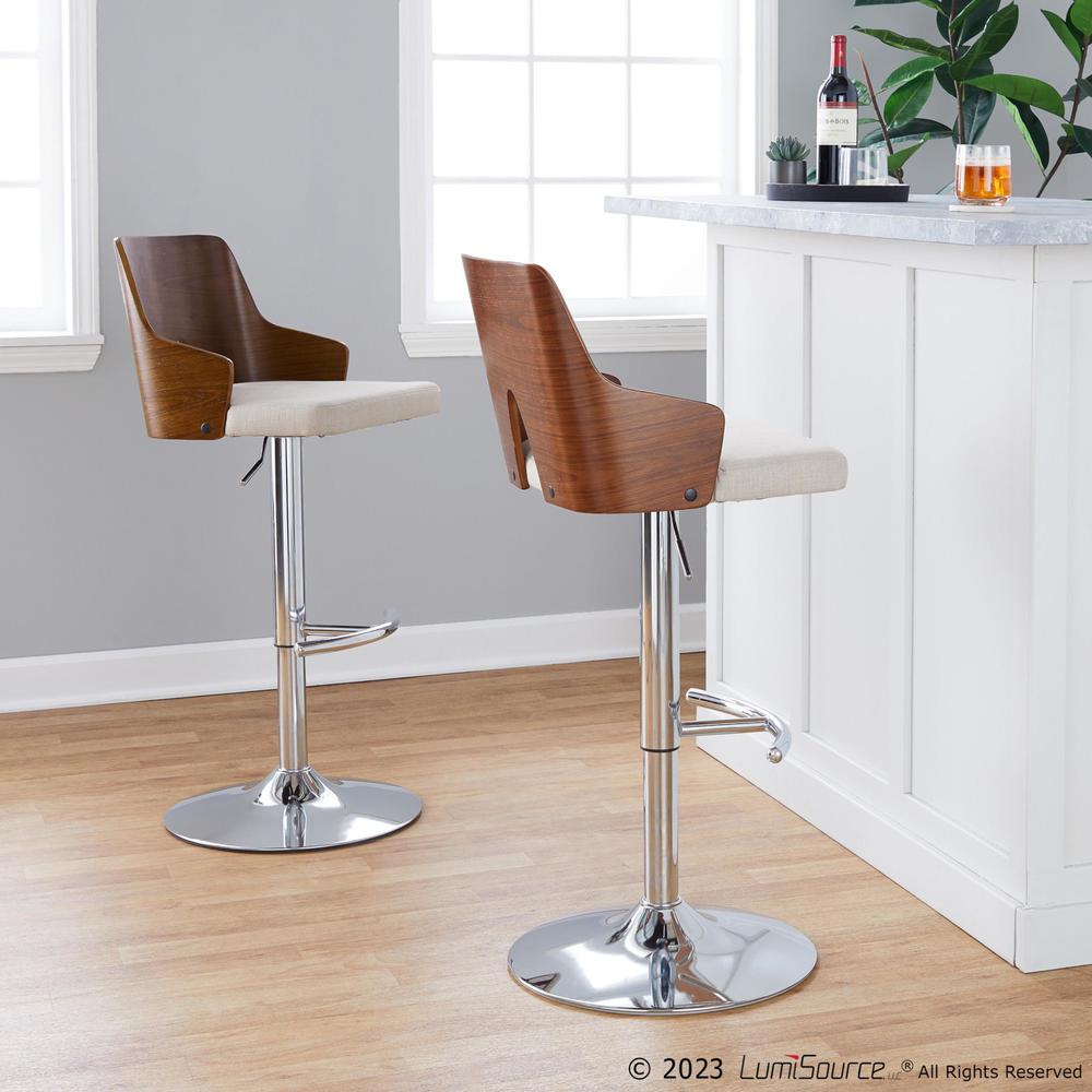 Chrome Metal, Walnut Wood, Beige Fabric Ariana Adjustable Barstool - Set of 2. Picture 8