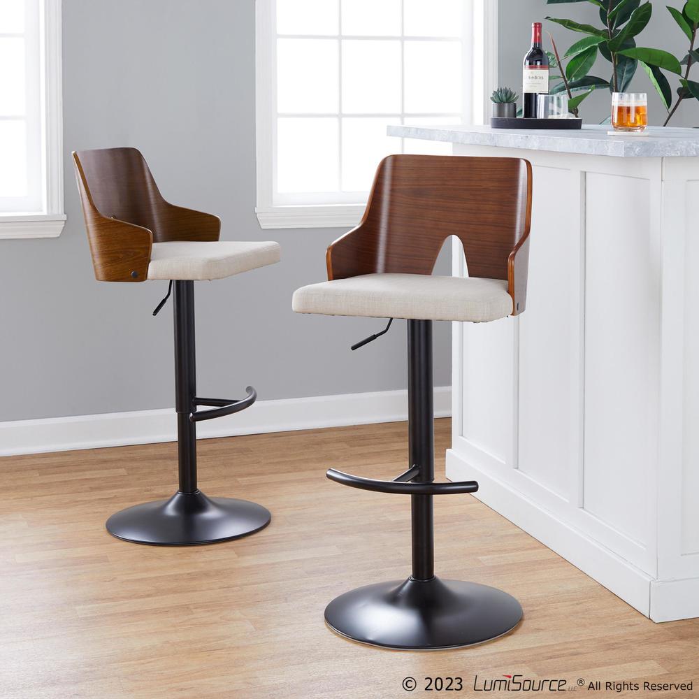 Black Metal, Walnut Wood, Beige Fabric Ariana Adjustable Barstool - Set of 2. Picture 7
