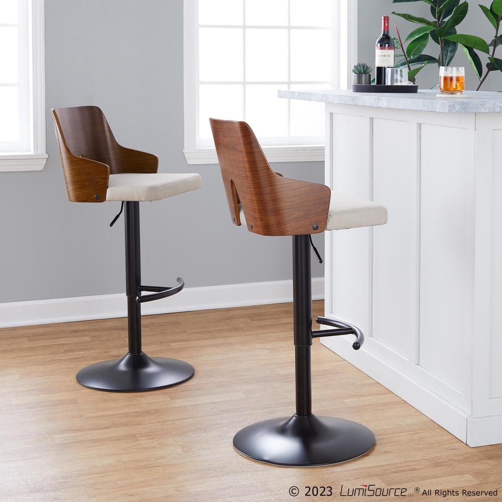 Black Metal, Walnut Wood, Beige Fabric Ariana Adjustable Barstool - Set of 2. Picture 8