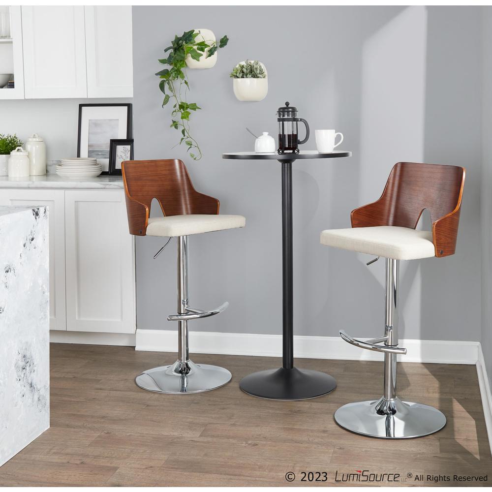 Chrome Metal, Walnut Wood, Beige Fabric Ariana Adjustable Barstool - Set of 2. Picture 9
