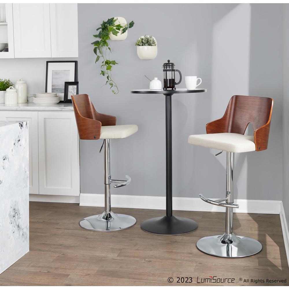 Chrome Metal, Walnut Wood, Beige Fabric Ariana Adjustable Barstool - Set of 2. Picture 10
