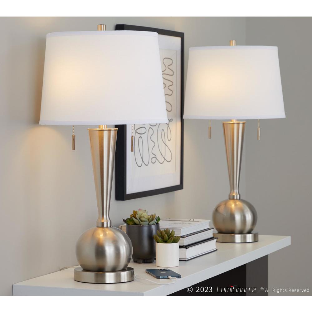 Brushed Nickel, White Linen Jules 30.25" Metal Table Lamp with USB - Set of 2. Picture 6
