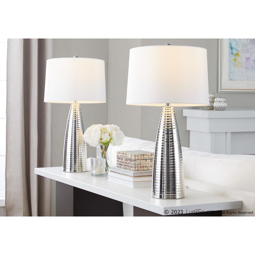 Polished Nickel, White Linen Maya 27" Metal Table Lamp - Set of 2. Picture 7