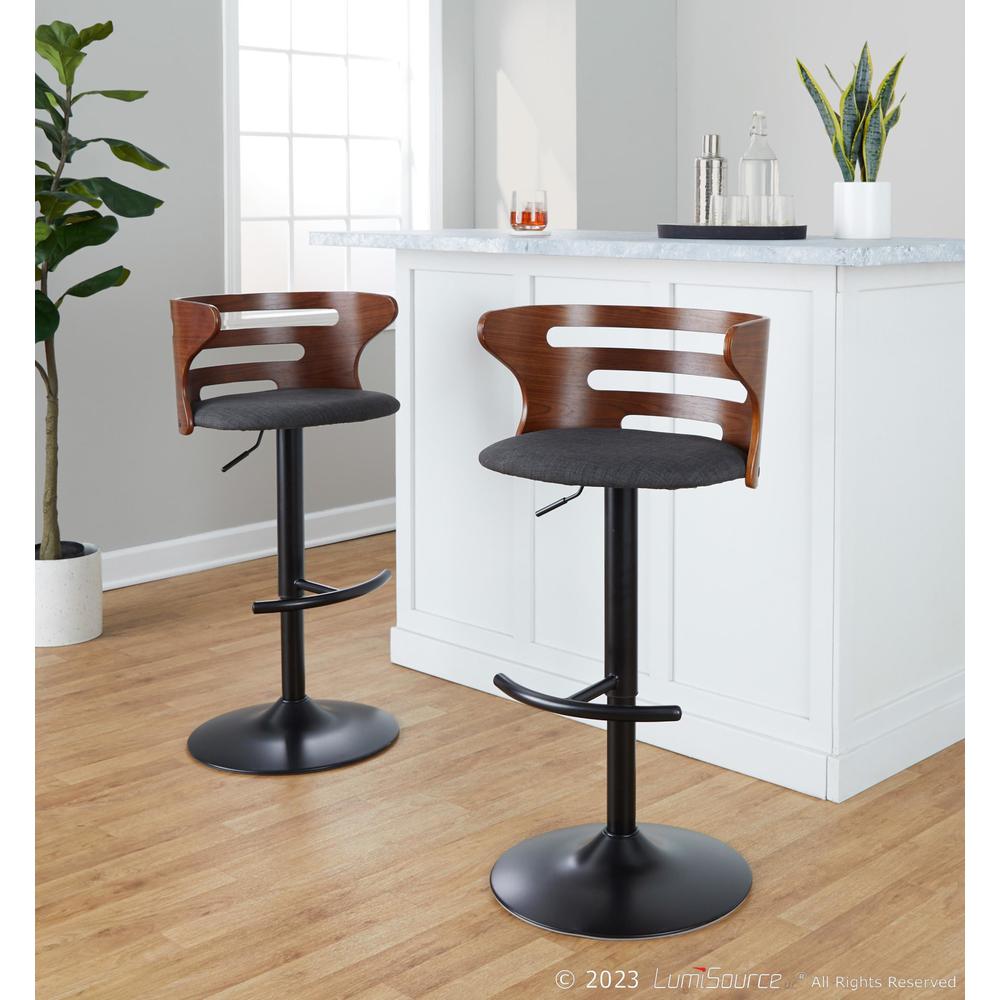 Black Metal, Walnut Wood, Charcoal Fabric Cosi Adjustable Barstool - Set of 2. Picture 7