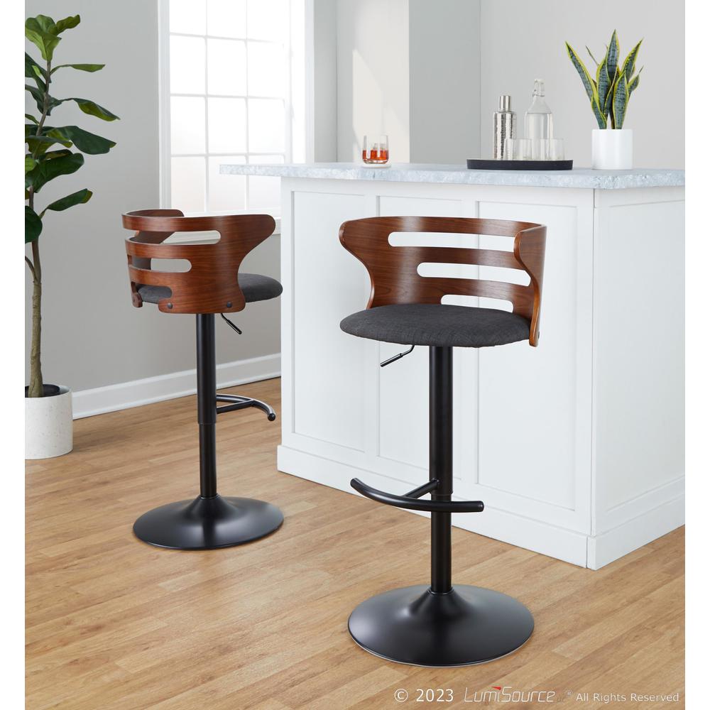Black Metal, Walnut Wood, Charcoal Fabric Cosi Adjustable Barstool - Set of 2. Picture 8