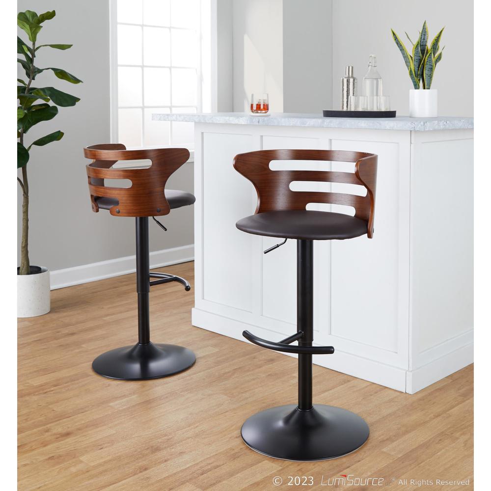 Black Metal, Walnut Wood, Brown PU Cosi Adjustable Barstool - Set of 2. Picture 10