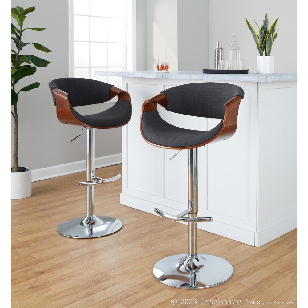 Walnut Wood, Charcoal Fabric, Chrome Metal Curvo Adjustable Barstool - Set of 2. Picture 7