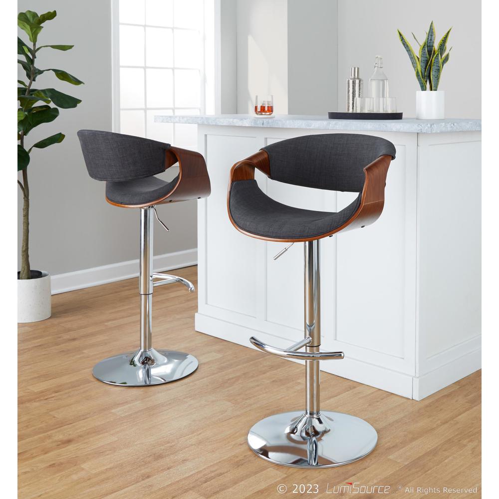 Walnut Wood, Charcoal Fabric, Chrome Metal Curvo Adjustable Barstool - Set of 2. Picture 8