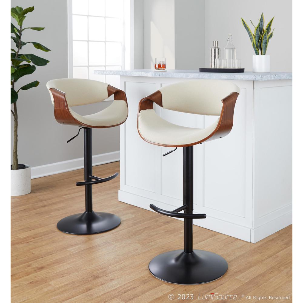Walnut Wood, Cream Fabric, Black Metal Curvo Adjustable Barstool - Set of 2. Picture 7
