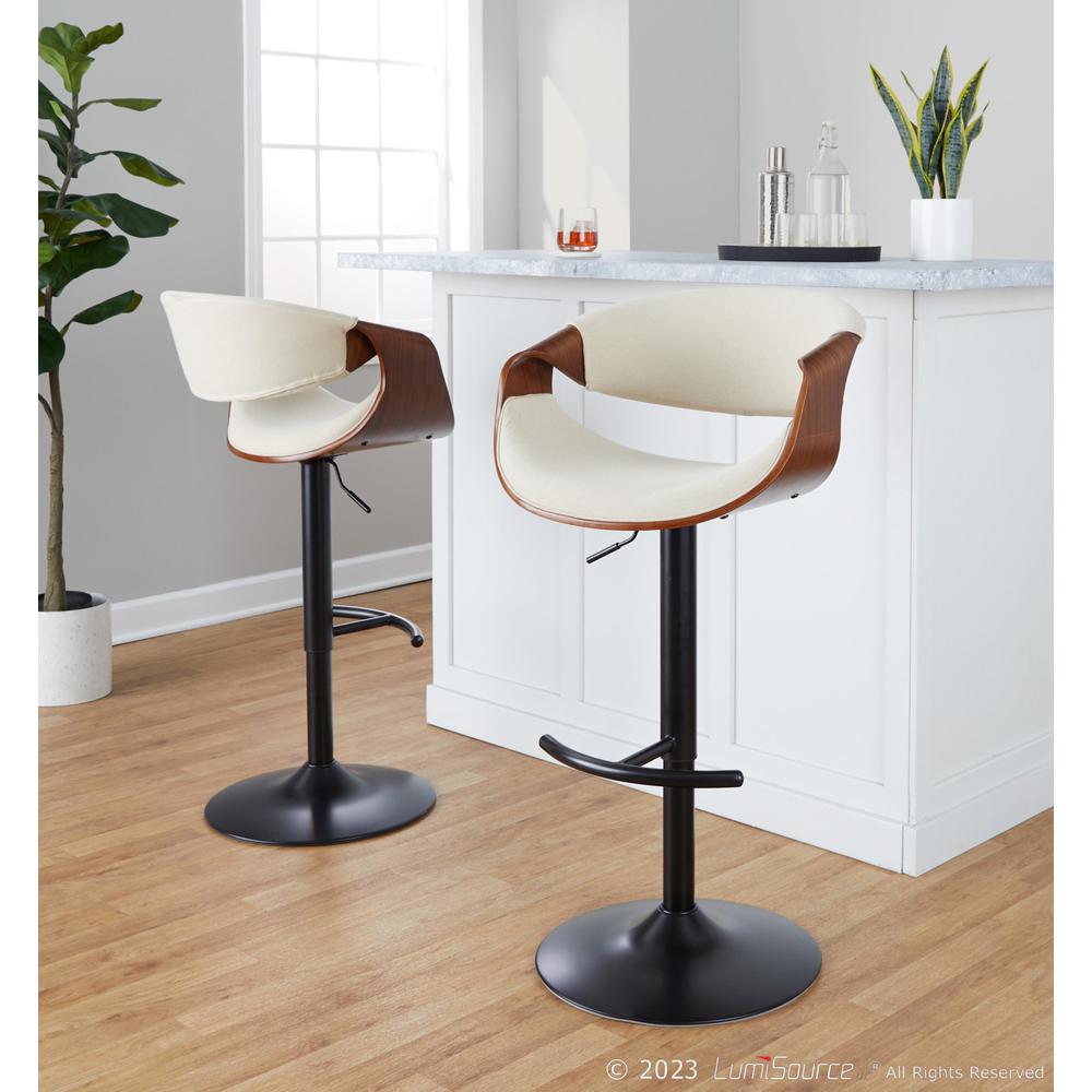Walnut Wood, Cream Fabric, Black Metal Curvo Adjustable Barstool - Set of 2. Picture 8